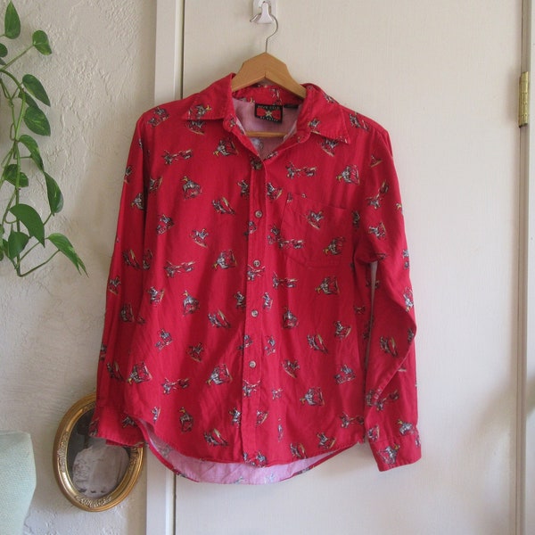 Vintage Women's Red Cowboy Western Shirt, Vintage Five Star by Roper Western Button Down, Red Cotton Shirt, Cowboy Print, Boho Southwest, S