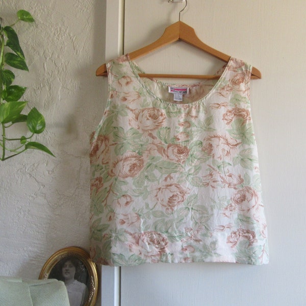 1980s Pastel Floral Silk Tank Top, Desert Green and Beige Floral Silk Tank, Flowy Soft Vintage Tank Top, Cottage Core, In Resource Top, L