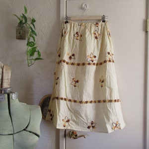 Handmade Vintage Pale Yellow Embroidered Skirt, Yellow Brown Gold Embroidered Skirt, Boho Cotton Skirt, Elastic Waist, Hippie 70s Skirt, M