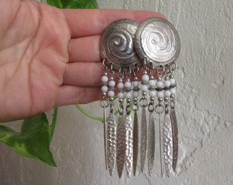 1980s Large Silver Tone Circle and Fringe Southwest Earrings, Extra Large Boho Statement Earrings, Silver and White Lightweight Earrings