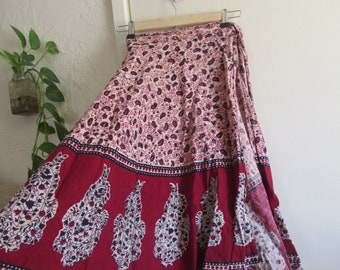 1970s Cotton Block Print Wrap Skirt, India Cotton Wrap Skirt, Red Blue Cream Floral Paisley Wrap Skirt, Boho Vintage Wrap Skirt, One Size