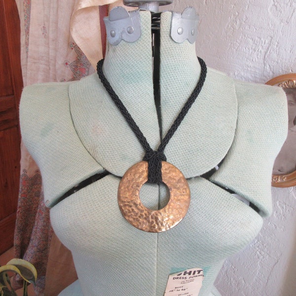 1970s Brass Medallion Necklace, Vintage Eva Graham Brass Medallion Necklace, Soft Black Cord That Ties, Boho, Brass Tips, Statement Necklace