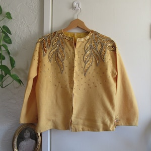 1970s Yellow Gold Sequined Cardigan, Shiny Bling Vintage Cardigan, Vintage Sweater, Yellow Colorful Beaded Sequined Cardigan, Size 42 M/L