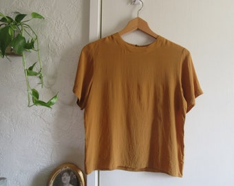 1990s Mustard Yellow Silk Blouse, Golden Yellow Silk Shirt, Minimalist Silk Shirt, Fall Colors, Goldenrod Silk Blouse, Boxy Silk Top, Small