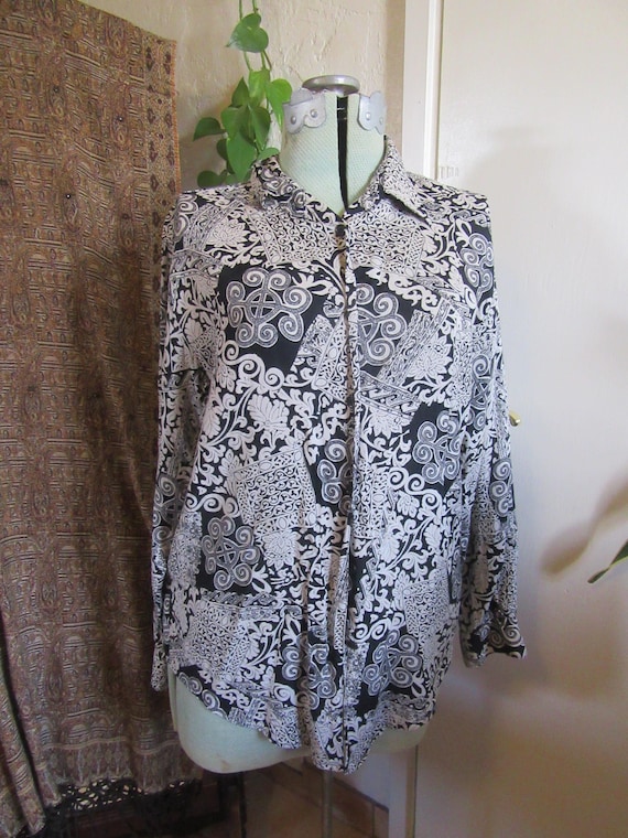 1990s Black White Multi Pattern Blouse, Vintage C… - image 1