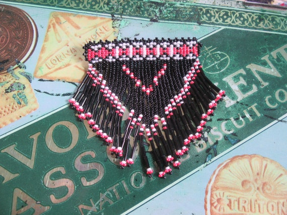 Vintage Native American Seed Bead Fringe Brooch, … - image 2