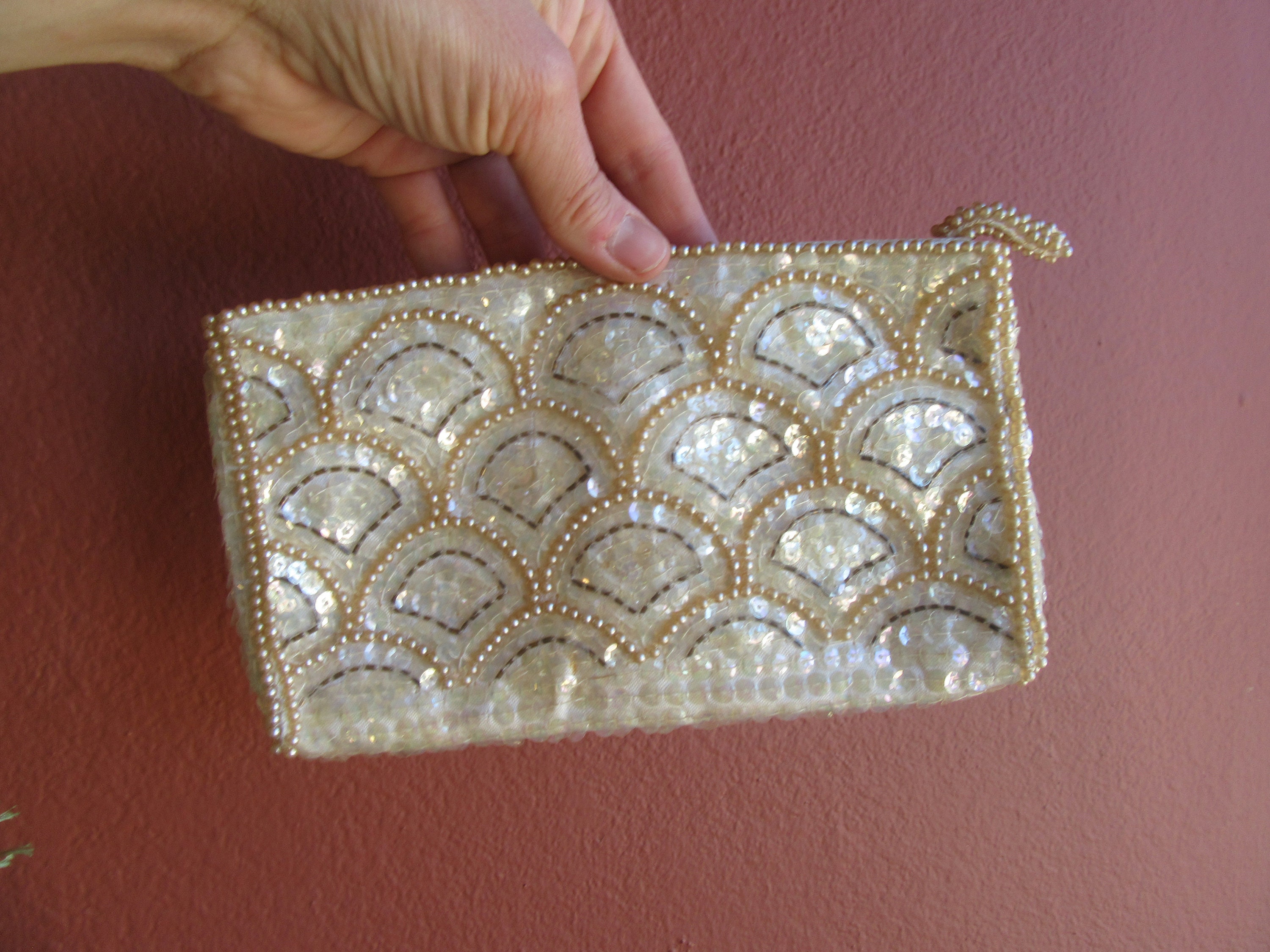 Vintage La Regale White Sequence Pearl Beaded Purse Retro 