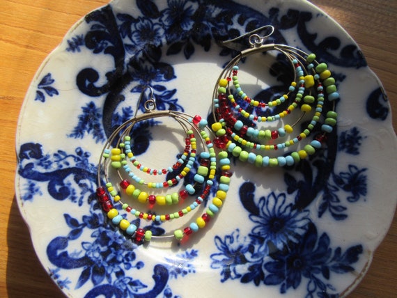 Colorful Five Strand Large Hoop Earrings, Boho Ye… - image 3