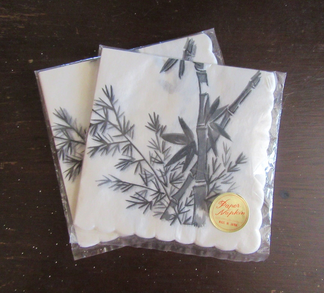 Vintage Paper Napkins Made in Japan, White Gray Bamboo Print Paper Napkins, Rice Paper Napkins