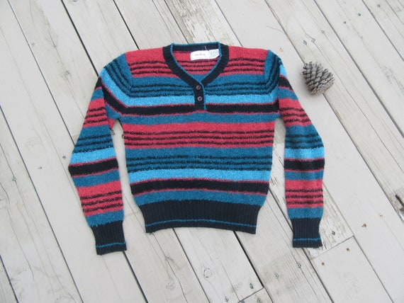 1980s Knobby Striped Sweater, Pink Blue Black Kno… - image 2