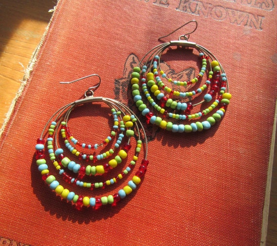 Colorful Five Strand Large Hoop Earrings, Boho Ye… - image 1