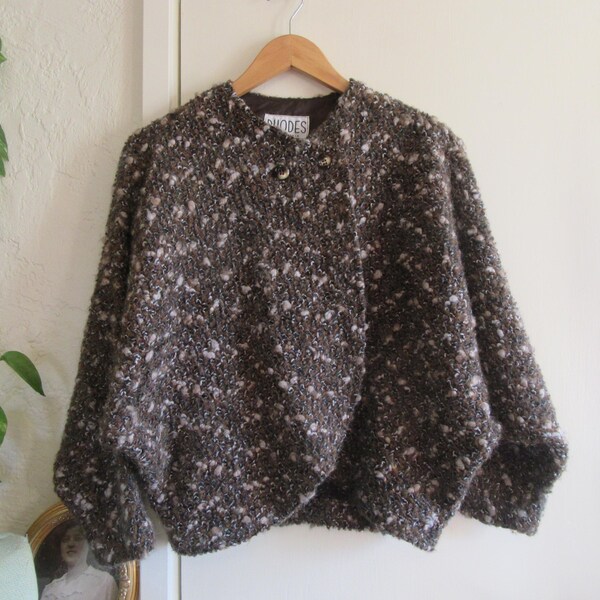 1980s Knobby Wool Earthy Brown Cardigan, Dolman Sleeves, Buttons at Neck, Rhodes of California Vintage Sweater, S/M
