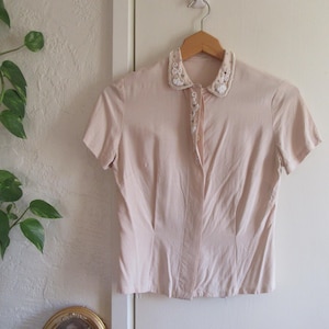 1960s Beige Beaded Button Down Blouse, Vintage Retro Beaded Collard Blouse, Mardi Modes Pintuck Short Sleeved Blouse, Flaws, Size XS