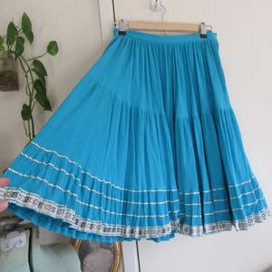 1950s Turquoise Blue Patio Skirt, Vintage Patio Skirt, Teal Blue Silver Black Trim, 1950s Gauze Dance Skirt, High Waist Side Zip, XS/S
