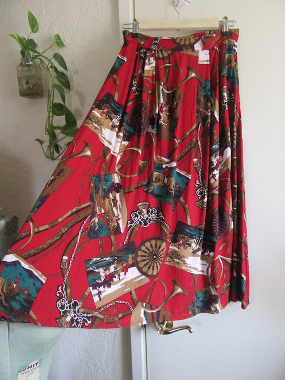 1990s Equestrian Themed Red Rayon Skirt, Vintage C