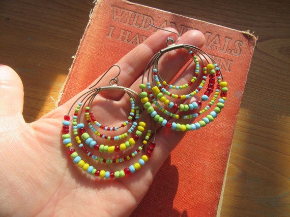 Colorful Five Strand Large Hoop Earrings, Boho Ye… - image 6