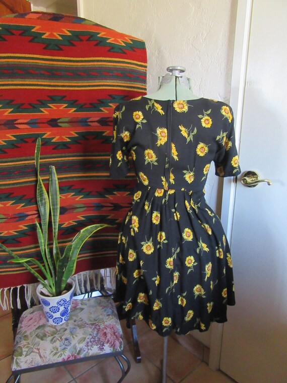 1990s Vintage Sunflower Babydoll Dress, Black Yellow … Gem