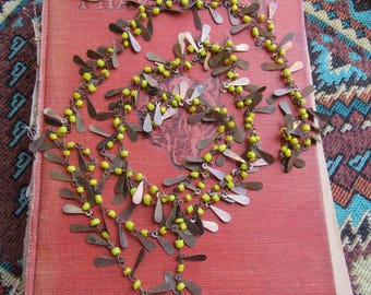 1940s Brass Chain Necklace: Yellow Glass Beads, Antique Flapper Style