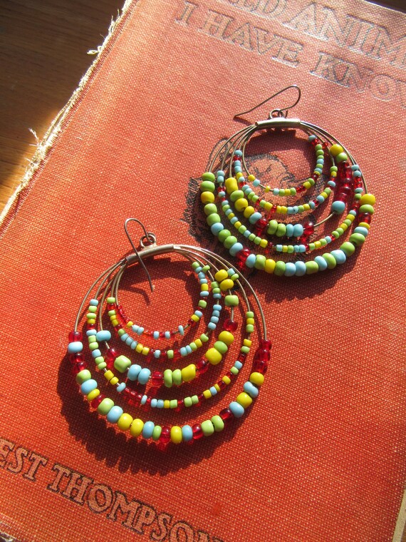 Colorful Five Strand Large Hoop Earrings, Boho Ye… - image 2