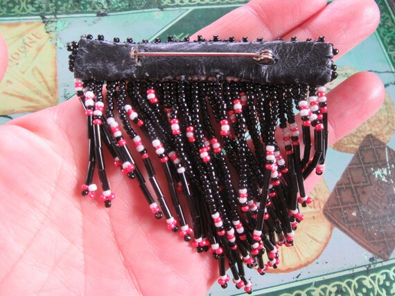 Vintage Native American Seed Bead Fringe Brooch, … - image 4