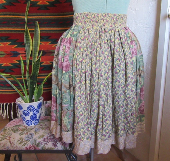 1990s Boho Cottage Core Rayon Skirt 90s Floral Rayon Skirt Yellow Green Pink Floral Rayon Skirt Short Skirt Elastic Waist Size Small Etsy UK