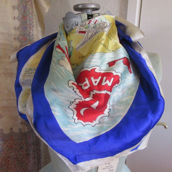 1940s Silk Souvenir Morocco Scarf, Extra Large Silk Souvenir Scarf, North Africa, French Maroc Souvenir Scarf, Colorful Large Scarf, FLAWS