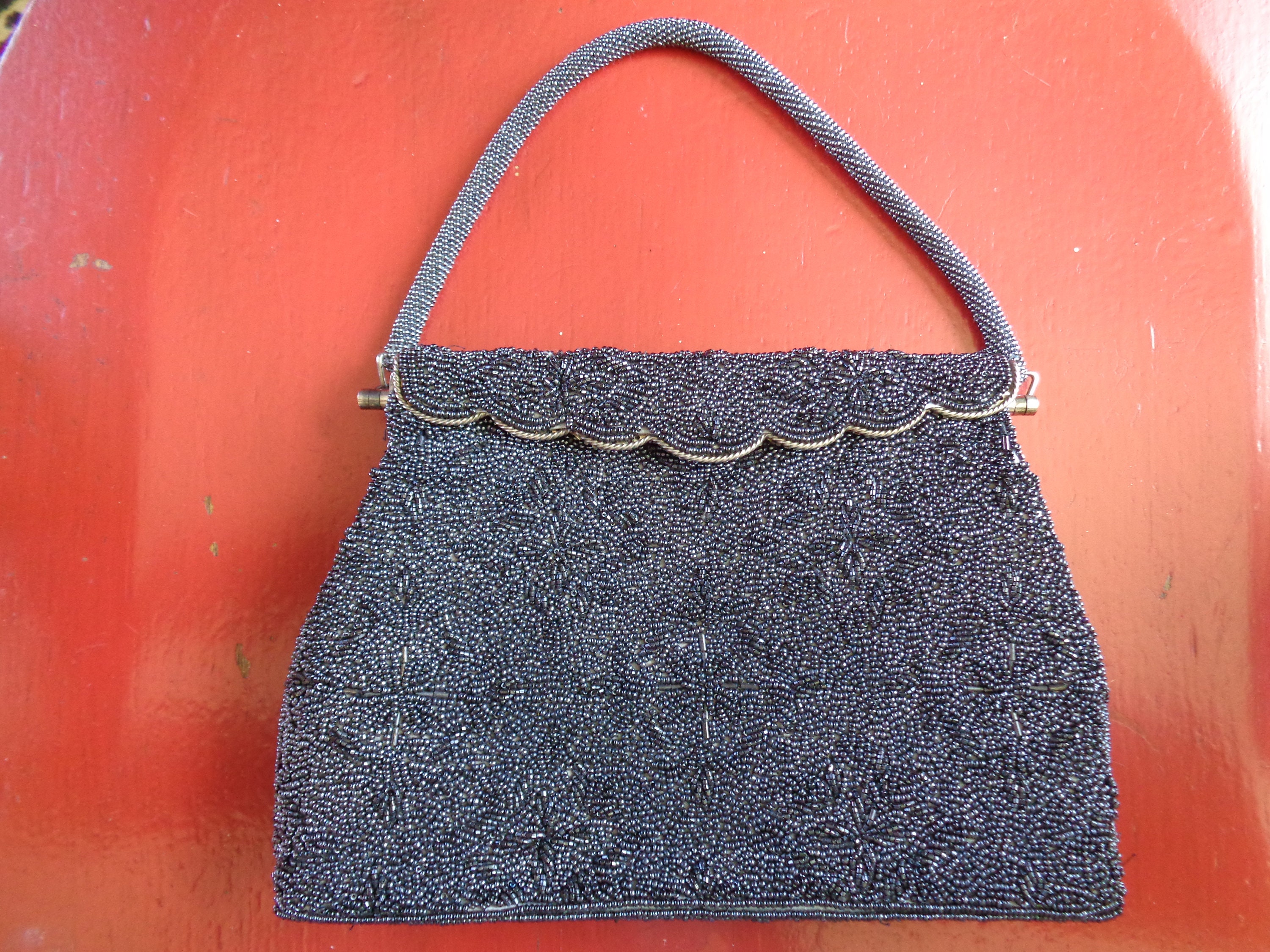 Vintage Black Beaded Purse w/Beaded Handle & Magnetic Clasp | Etsy