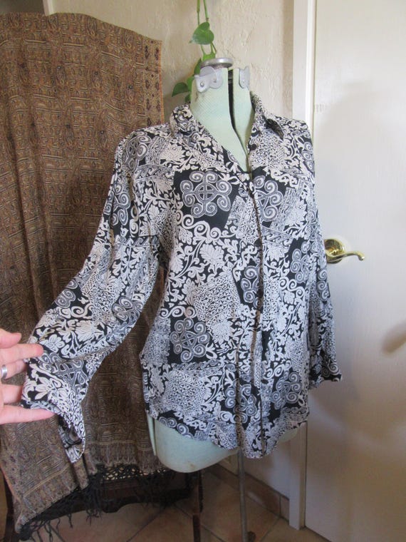 1990s Black White Multi Pattern Blouse, Vintage C… - image 2