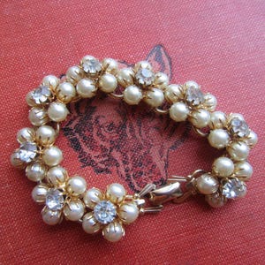 1950s Faux Pearl Rhinestone Bracelet: Mid Century Floral Link