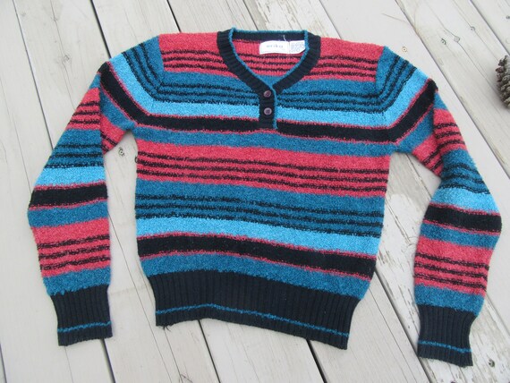 1980s Knobby Striped Sweater, Pink Blue Black Kno… - image 3