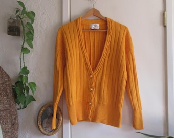 1990s Marigold Orange/Yellow Cotton Cardigan, Vintage SML Sport Grandpa Core Colorful Cardigan, M/L