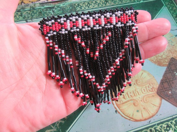 Vintage Native American Seed Bead Fringe Brooch, … - image 3