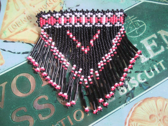 Vintage Native American Seed Bead Fringe Brooch, … - image 1