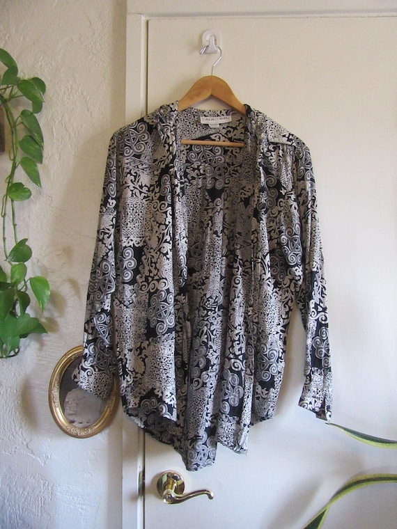 1990s Black White Multi Pattern Blouse, Vintage C… - image 5