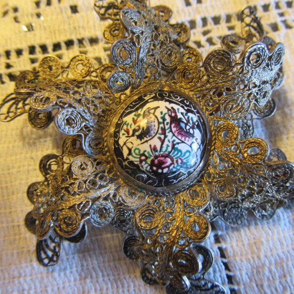 Antique Filigree Brooch, Floral Shaped and Tiered with Hand Painted Bird Cabochon