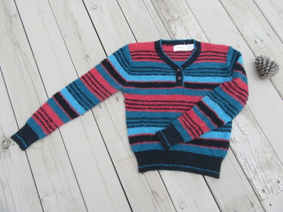 1980s Knobby Striped Sweater, Pink Blue Black Kno… - image 1