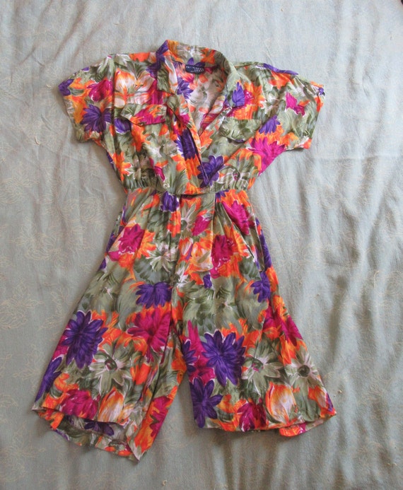 1990s Tropical Floral Print Rayon Romper, Colorfu… - image 2