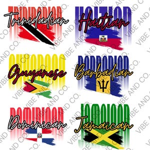 Pu&ograve; includere: Sei design con bandiere e nomi. Ogni design combina una bandiera con il nome di una nazionalit&agrave; caraibica in un font stilizzato. Le bandiere rappresentano Trinidad, Haiti, Guyana, Barbados, Repubblica Dominicana e Giamaica.