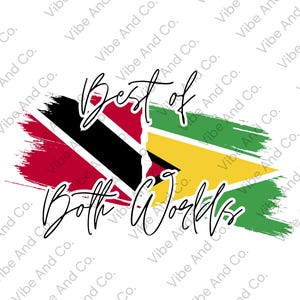 Può includere: Un design grafico con il testo "Best of Both Worlds" in un carattere a script. Il design incorpora i colori della bandiera di Trinidad e Tobago, con un effetto pennellata. Lo sfondo è bianco.