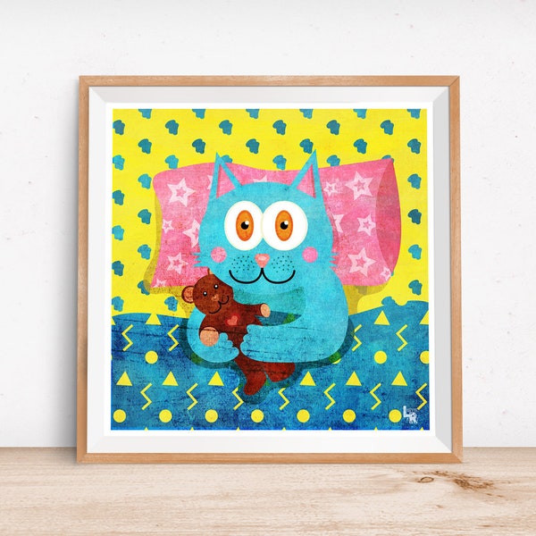 Cute Cat Art - I Love My Teddy, Fine Art Print - Digital Cat Illustration, Whimsical Children's Art Decor