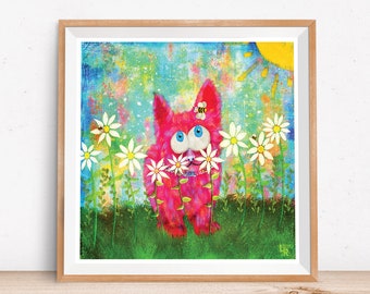 Cute Cat Art - Pink Fuzzy Kitty and Bee - Cat Fine Art Print - Digital Cat Painting, Whimsical Children's Illustration