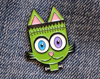 Frankenkitty Cat Enamel Pin - Frankenstein Green Monster Cat Soft Enamel Lapel Pin, Halloween Pin