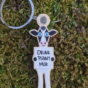 Drink Plant Milk Keychain - Printed Wooden Vegan Cow Keychain - Whimsical Cow Wood Key Ring, Vegan Gifts, Cute Keyrings