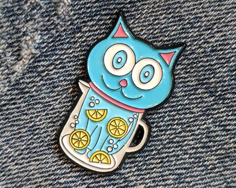 Blue Cat Enamel Pin - Feeling Refreshed - Silly Cat in Pitcher of Lemon Water Soft Enamel Lapel Pin