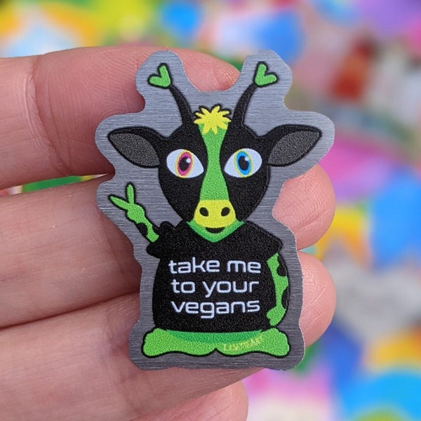 Vegan Pin Alien Cow - "Take Me To Your Vegans" Eco-Friendly Metal Pin, Humorous Vegan Lapel Pin