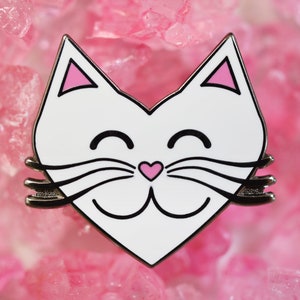 White Cat Enamel Pin - I Love Cats - White Heart Kitty Cat Hard Enamel Lapel Pin
