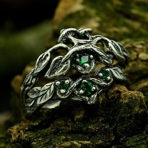 Matching Nature Inspired Wedding Band, Stack Silver Engagement Ring with Forest Theme, Unique Nature Fairy Tale Bridal Set