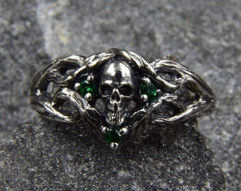 Gothic Silver Skull Engagement Ring, Ring with Skull and Emeralds, Nature Inspired Branch Ring with Emeralds and Skull