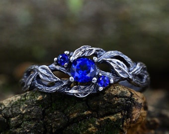 Celtic Twig and Leaf Wedding Ring with Sapphire for Woman, Silver Fairy Elven Branch Ring, Nature Engagement Ring