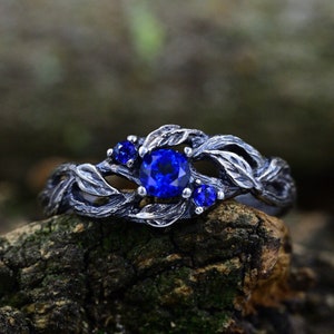 Celtic Twig and Leaf Wedding Ring with Sapphire for Woman, Silver Fairy Elven Branch Ring, Nature Engagement Ring